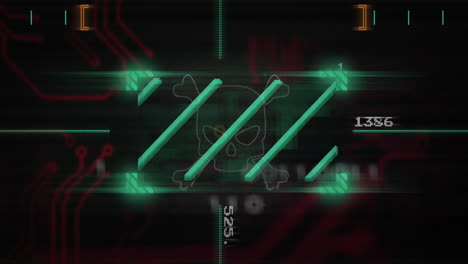 digital skull and crossbones with data patterns on animation circuit background