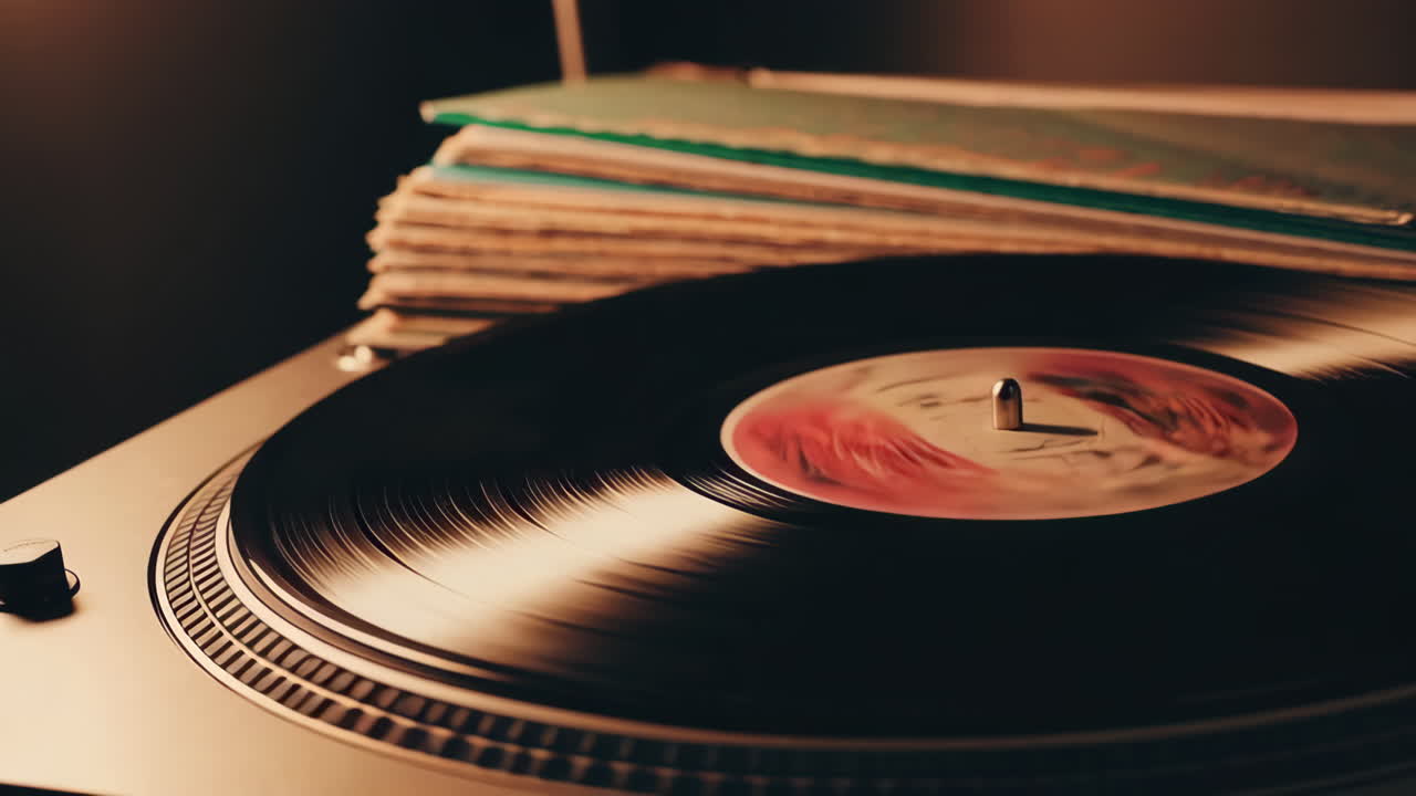 Vintage Vinyl Record Player with Stack of Records