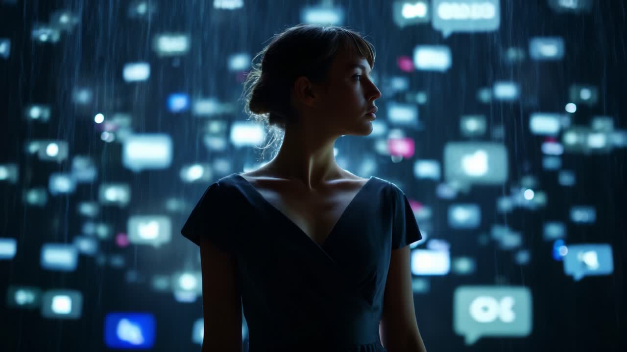 A contemplative woman gazes into the digital abyss, with a myriad of glowing social media icons cascading around her, evoking a sense of wonder and connection amidst the overwhelming data stream