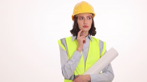 thoughtful female engineer with blueprint and hard hat
