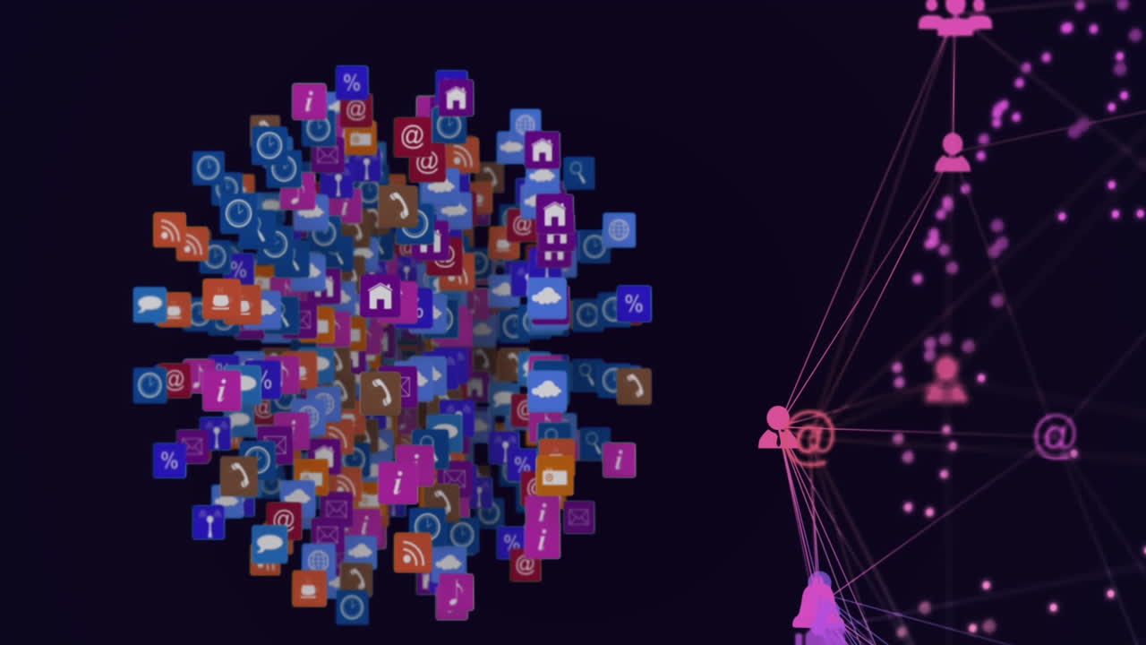 animación de dos globos de iconos digitales que giran contra un fondo púrpura.