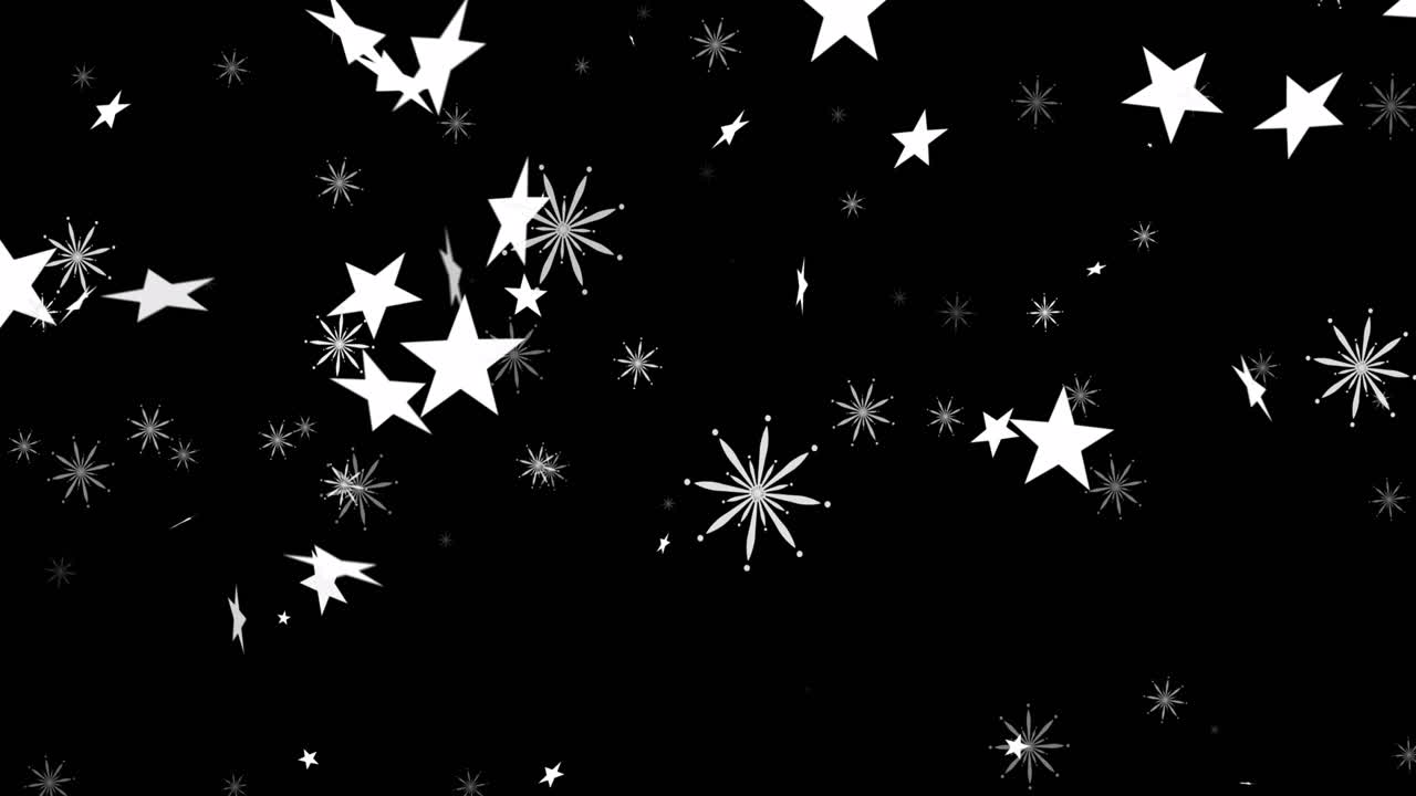 animación de copos de nieve de navidad y estrellas cayendo sobre un fondo negro