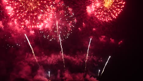coloridos fuegos artificiales vibrantes celebran aniversario feliz año nuevo 2022, 4 de julio festival de vacaciones. coloridos fuegos artificiales en la noche para celebrar la fiesta nacional. cuenta atrás año nuevo 2022 tiempo de fiesta