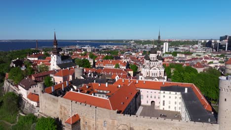 Cinematic-Aerial-Establishing-Shot-Above-Tallinn-Old-Town-on-Beautiful-Summer-Day-in-Estonia