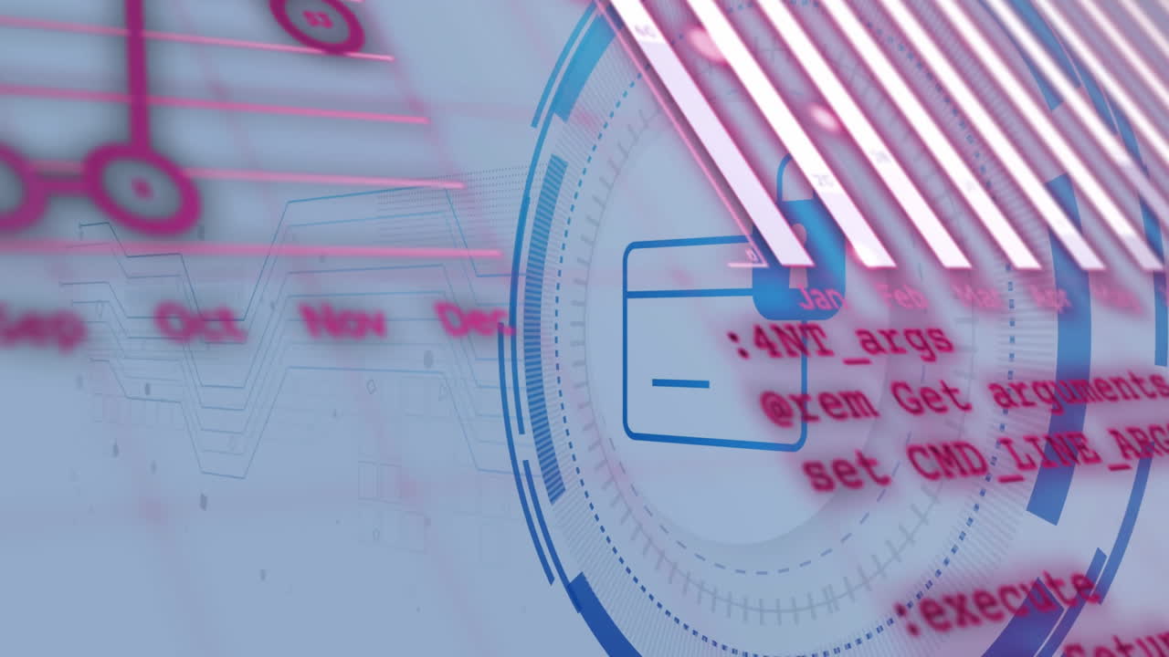 Digital code and data processing animation over abstract blue and pink background