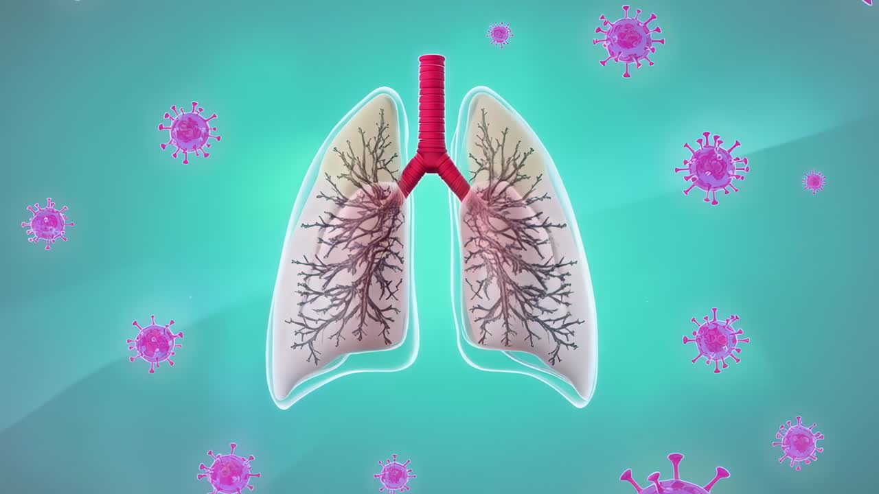 Úvodní sekvence zobrazující plíce a průdušnici transformující se do reálné podoby v lékařské scéně, ukazující virus