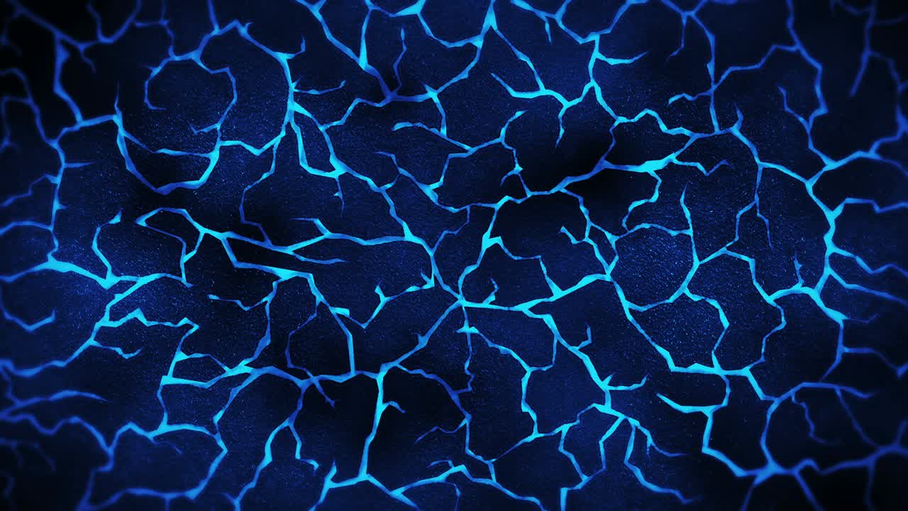 Dark background with blue cracked ground. Smoke, Fog, Dust. Loop animation of molten lava. Earth surface. Heat burning floor.