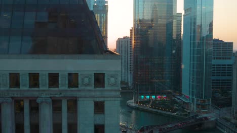chicago's skyline glitters under a sunset, skyscrapers reflecting gold and crimson hues. streets buzz below as the chicago river winds through architectural marvels an urban symphony of energy.