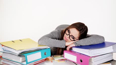 woman tired with stack of folders documents 4k