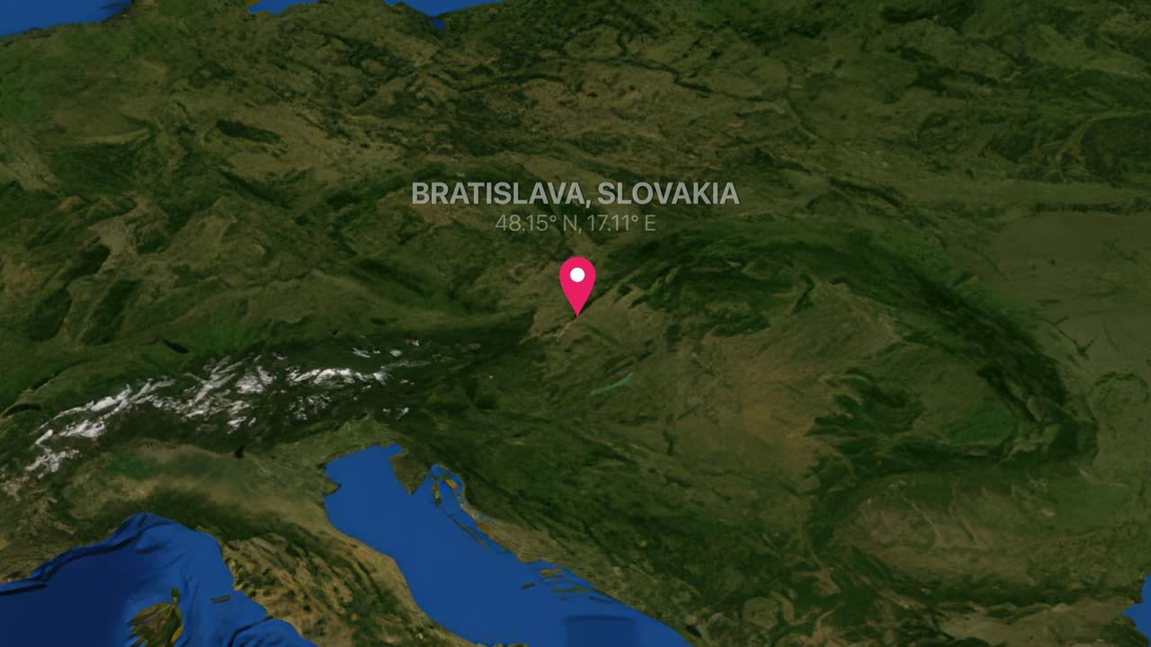 Plynulé digitální přiblížení z globální mapy do Bratislavy, Slovenska, s označením polohy.