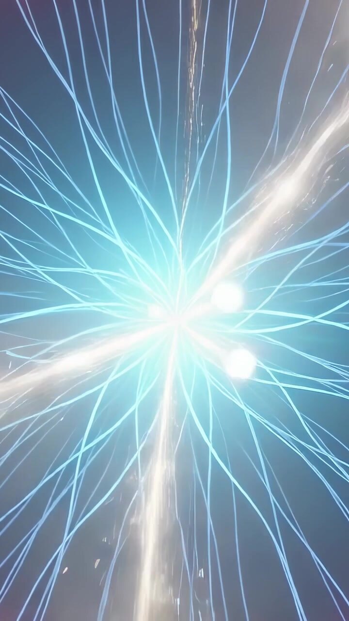 Vertikal video: Gyldne striber konvergerer ind i en pulserende cyan kerne, energigivende filamenter i mørkeblå.