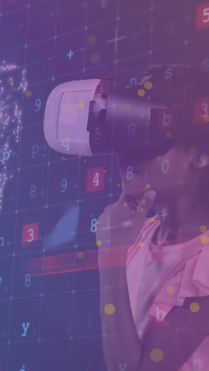 animación del procesamiento de datos con candado sobre una colegiala biracial con auriculares vr