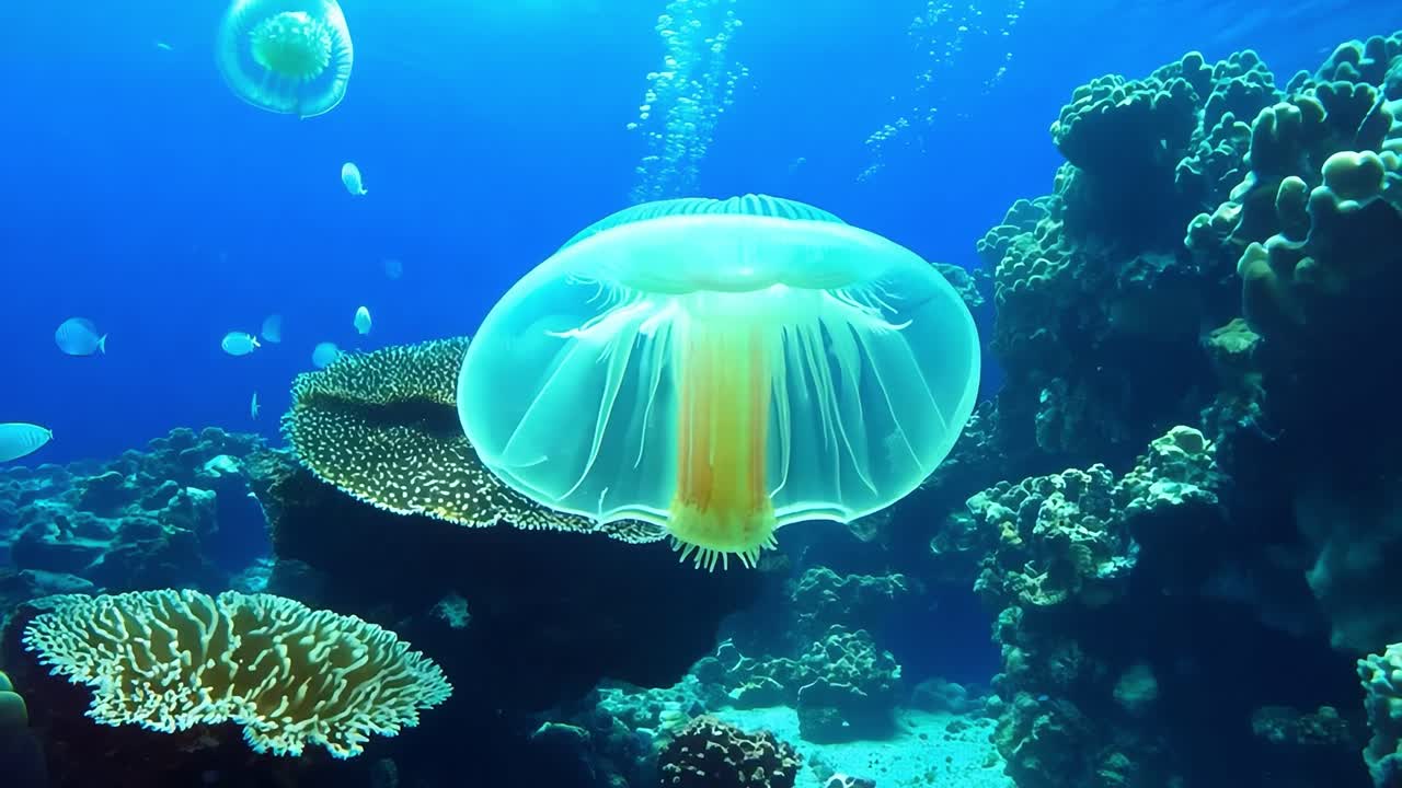 A jellyfish swimming in a coral reef