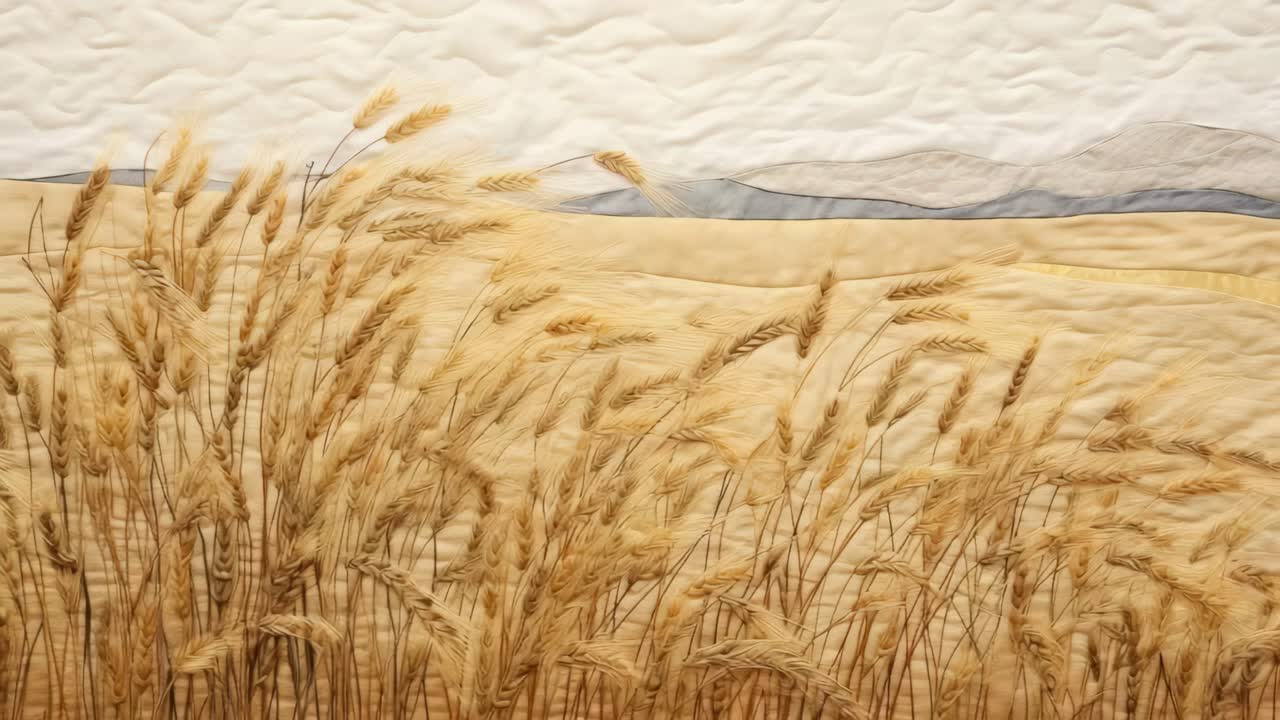 Quilted landscape of wheat fields with mountains, captured from a straight-on angle