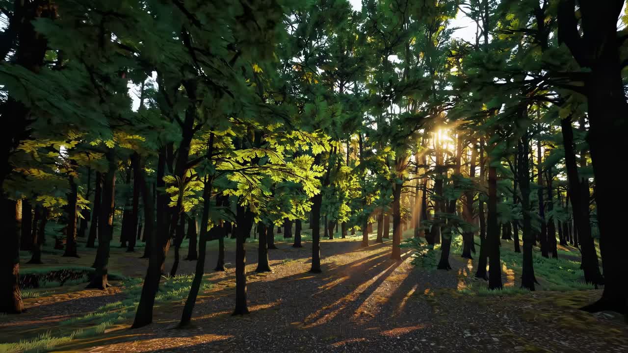 A serene forest scene captured at eye level, showcasing sunlight filtering through trees