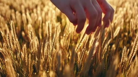 hands touching golden wheat in a field at sunset