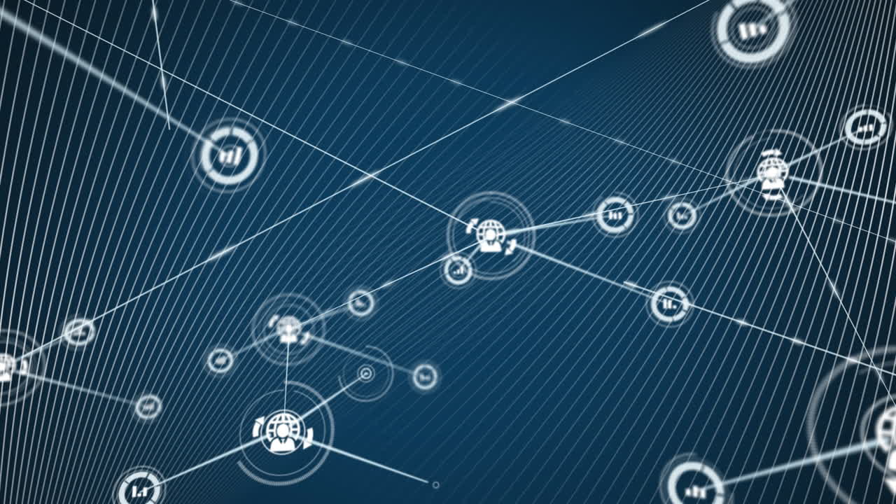 연결된 사람들의 네트워크와 글로브 아이콘과 검은색에  ⁇ 색 선을 보여주는 인터페이스의 애니메이션