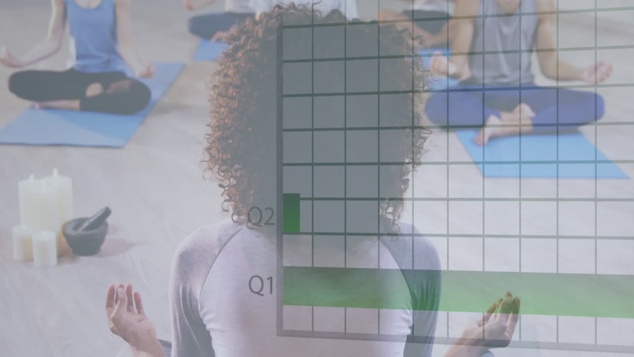 animación del círculo de carga y gráficos sobre diversas personas practicando yoga en el estudio.