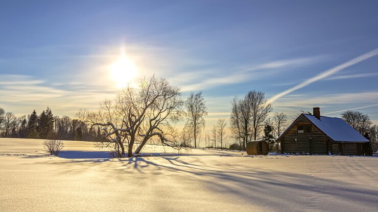 Snedækket hus lavet af thermotræ fra daggry til solnedgang