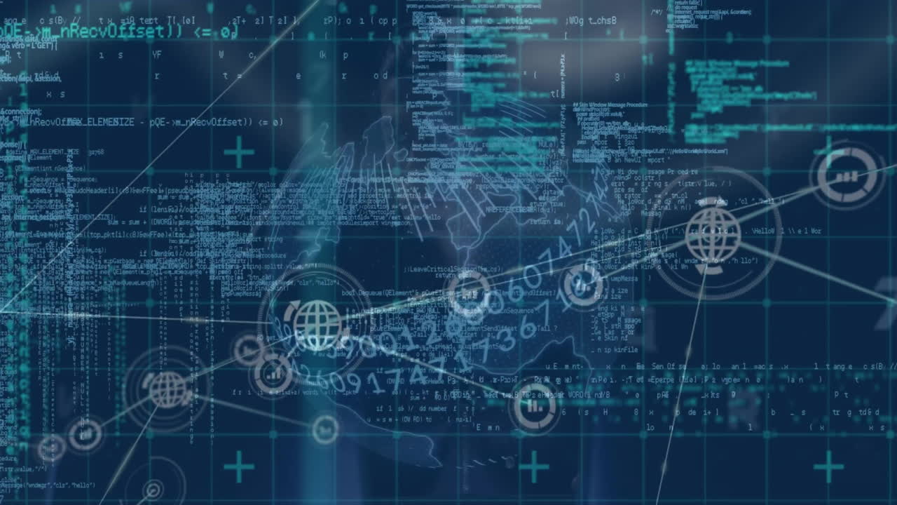 Animation of globe with data processing and network of connections on black background