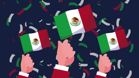 hands waving mexican flags with confetti