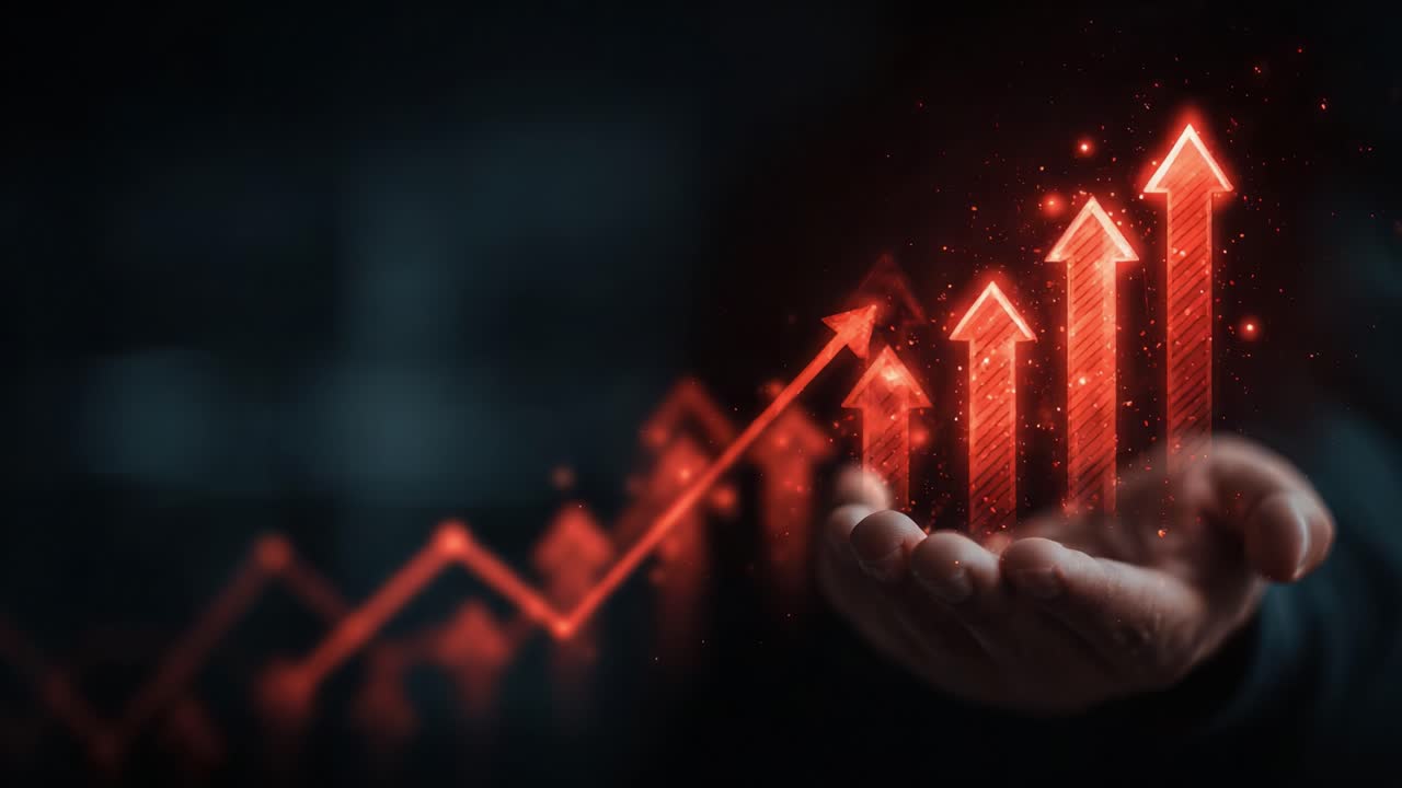 Dynamic Trends in Growth: A Visual Representation of Ascending Financial Success Illustrated with Rising Arrows and Strategic Hands in a Dark Background