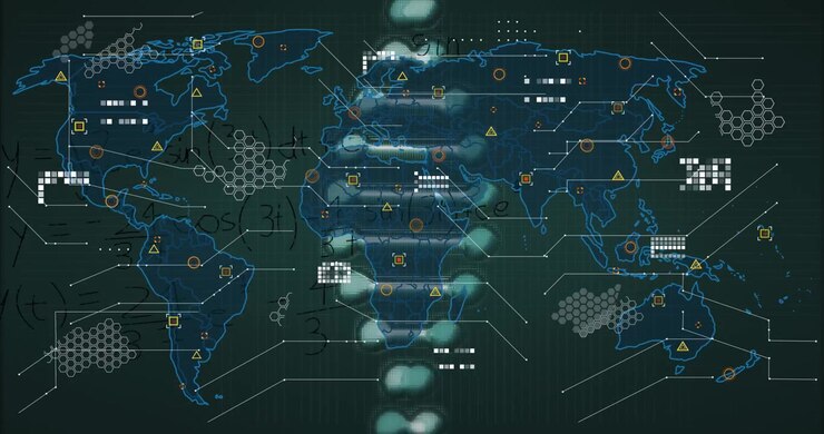 Digital animation showcases math problems, global networks, and data processing concepts.