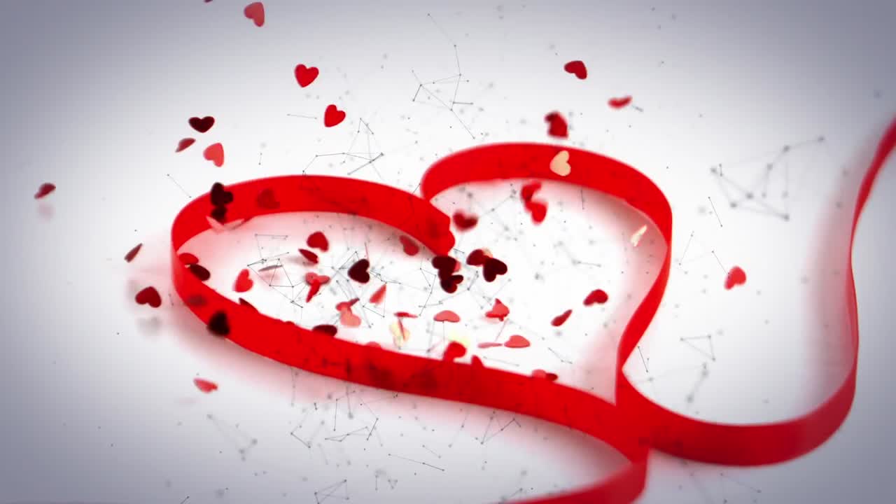 심장 모양의 빨간 리본의 애니메이션과 빨간 심장 콘페티가 하 ⁇ 색에 네트워크를 통해 떨어집니다.
