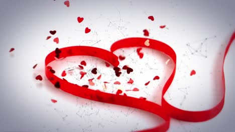 animation of red ribbon in heart shape with red heart confetti falling, over network on white