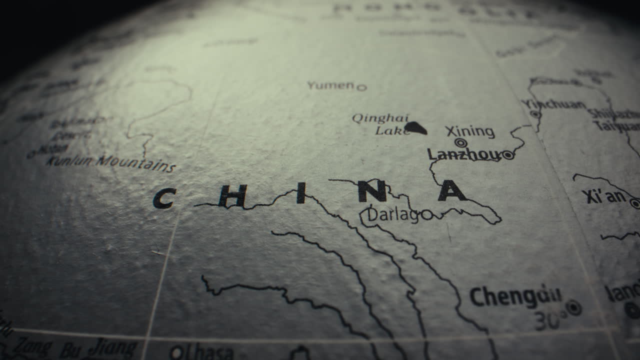 Close-up view of a map of China