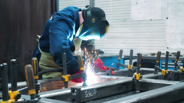 saldatore professionista in uniforme di protezione con maschera facciale saldatura con elettrodo