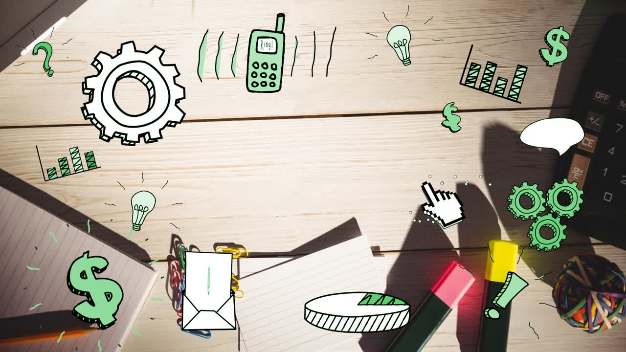 책상 에 있는 노트북 위 에 있는 아이콘 의 애니메이션