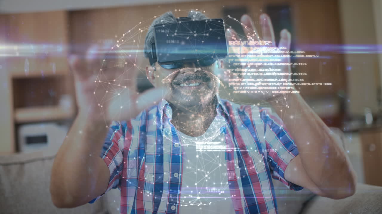 Wearing VR headset, man interacting with virtual network and data visualization animation