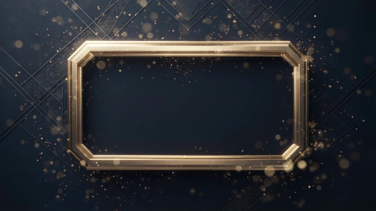 Punti bokeh fluttuanti che proiettano luce su una cornice dorata centrata, su uno sfondo a reticolo blu navy.