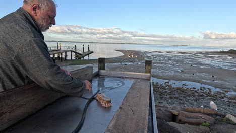 un hombre maduro usa una manguera para limpiar una mesa de limpieza de peces en la costa durante la marea baja en una tarde tranquila