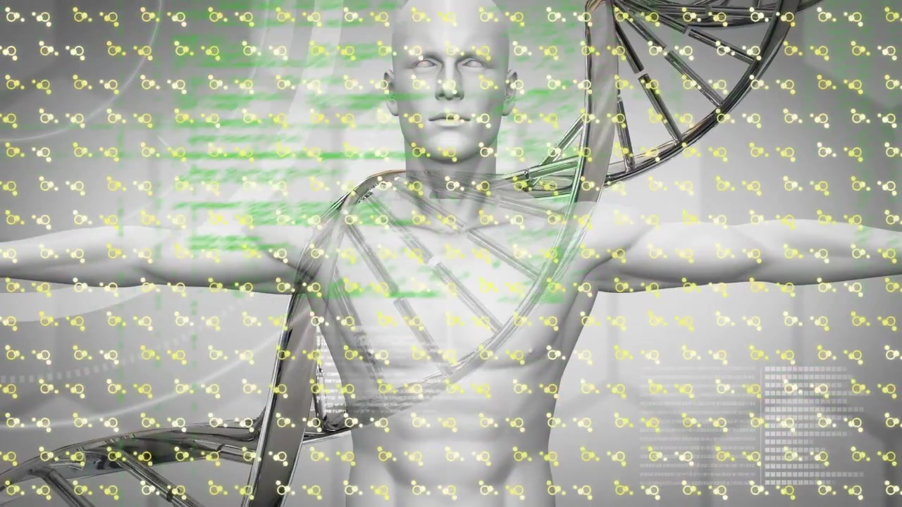Figura umana con elica di DNA rotante e sovrapposizione di codice digitale