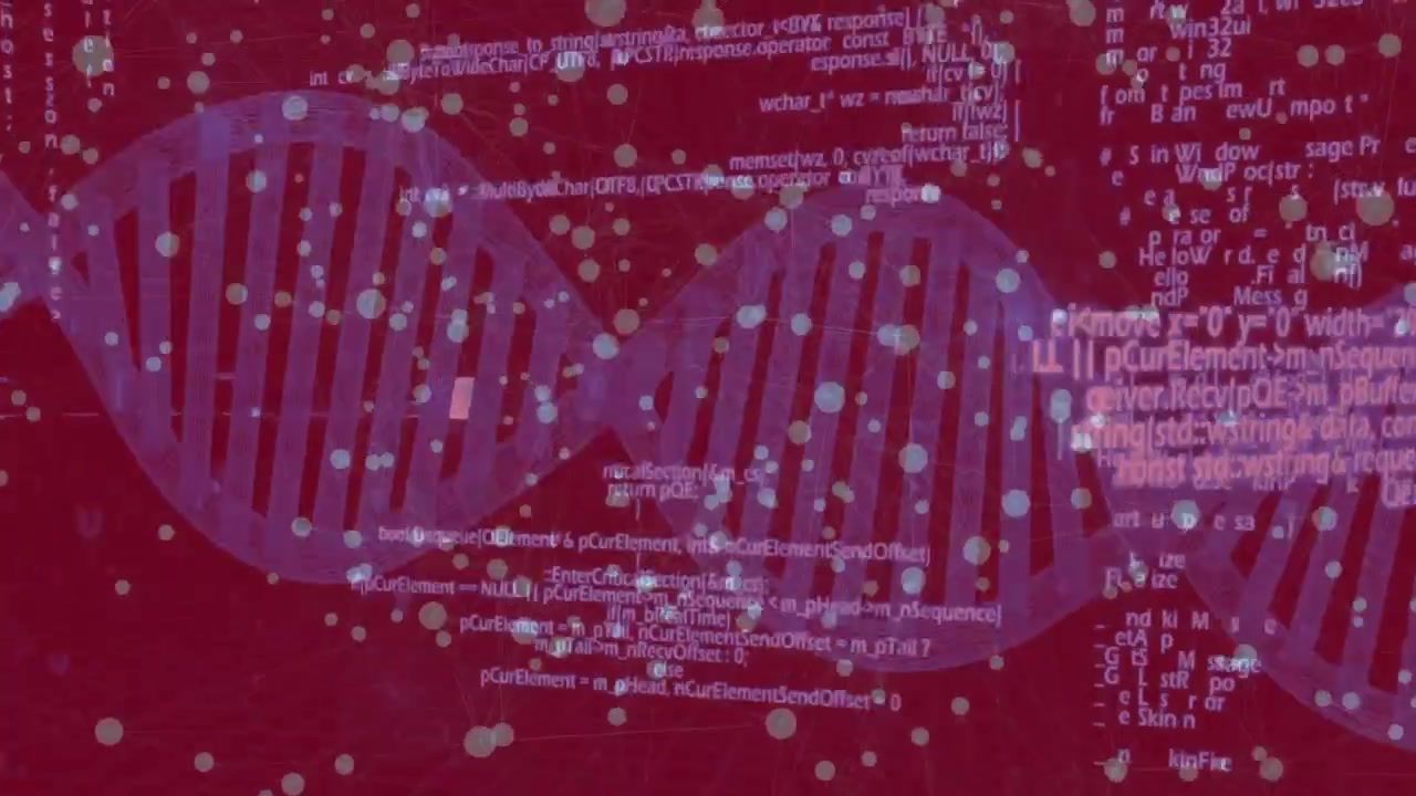 Stylized 3D DNA helix glowing and floating over red grid with streaming code and data nodes