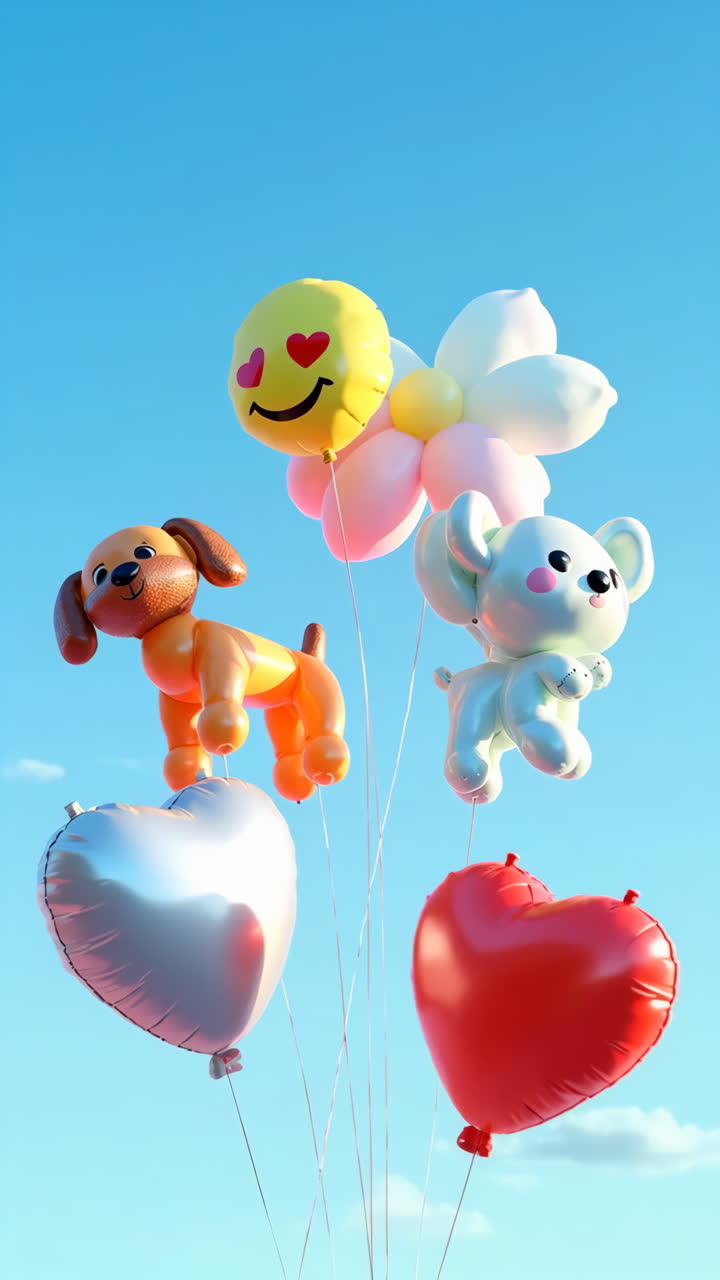 Colorful character and heart balloons floating in a blue sky