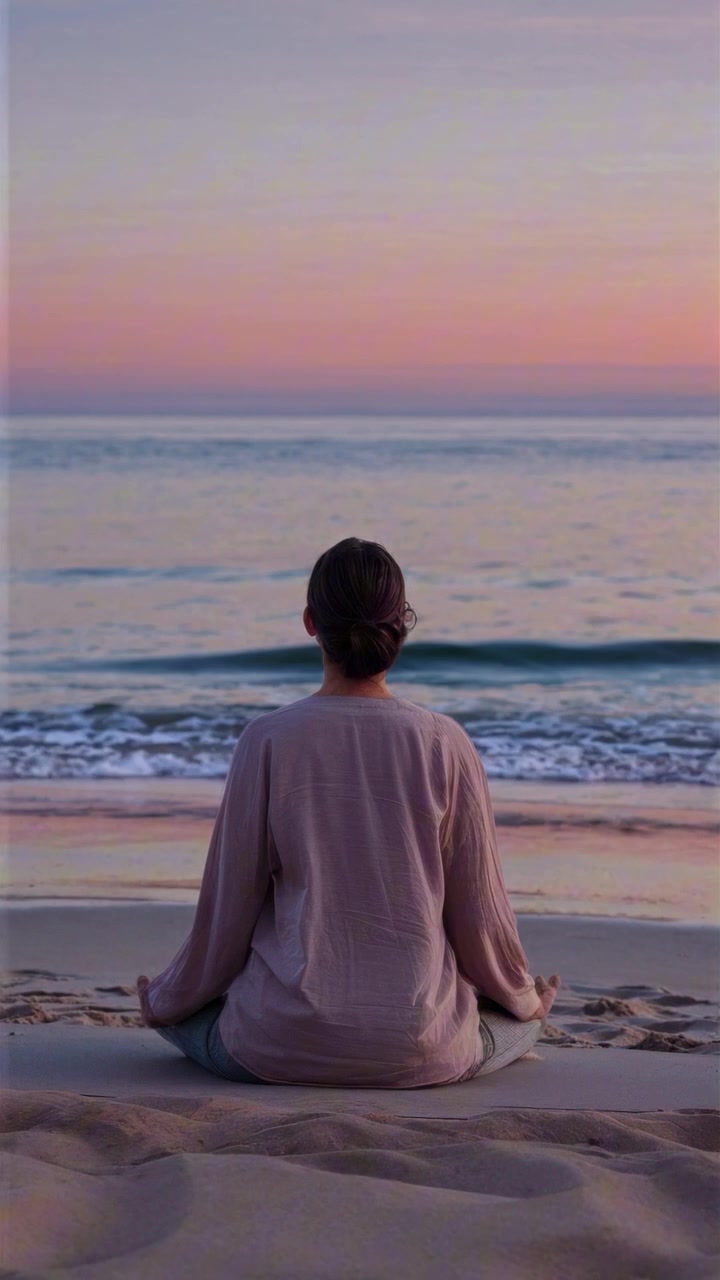 Woman Meditating in Lotus Position on Beach at Sunset