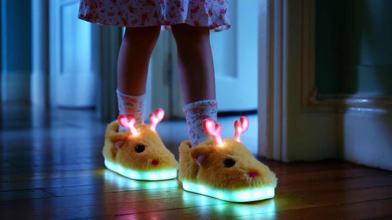 A Cozy Night in Plush Light-Up Slippers: A Child's Imagination Sparkles with Colorful Glow and Soft Comfort in Evening Wear