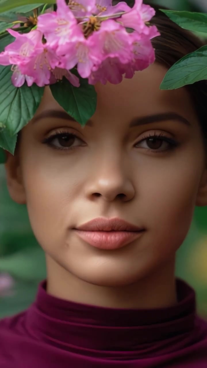 Bella donna con fiori rosa e foglie verdi, che mette in mostra eleganza e natura in una splendida rappresentazione della femminilità e della connessione con il mondo naturale.
