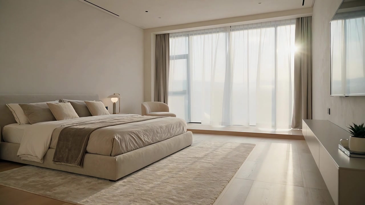 Telecamera panoramica che rivela un letto a piattaforma dal design minimalista in una camera da letto, per una vetrina di arredamento, con il sole che sorge.
