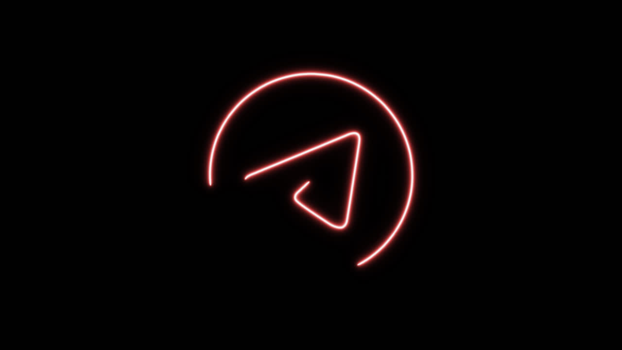 Logo animato di Telegram rosso neon che si disegna su sfondo nero.