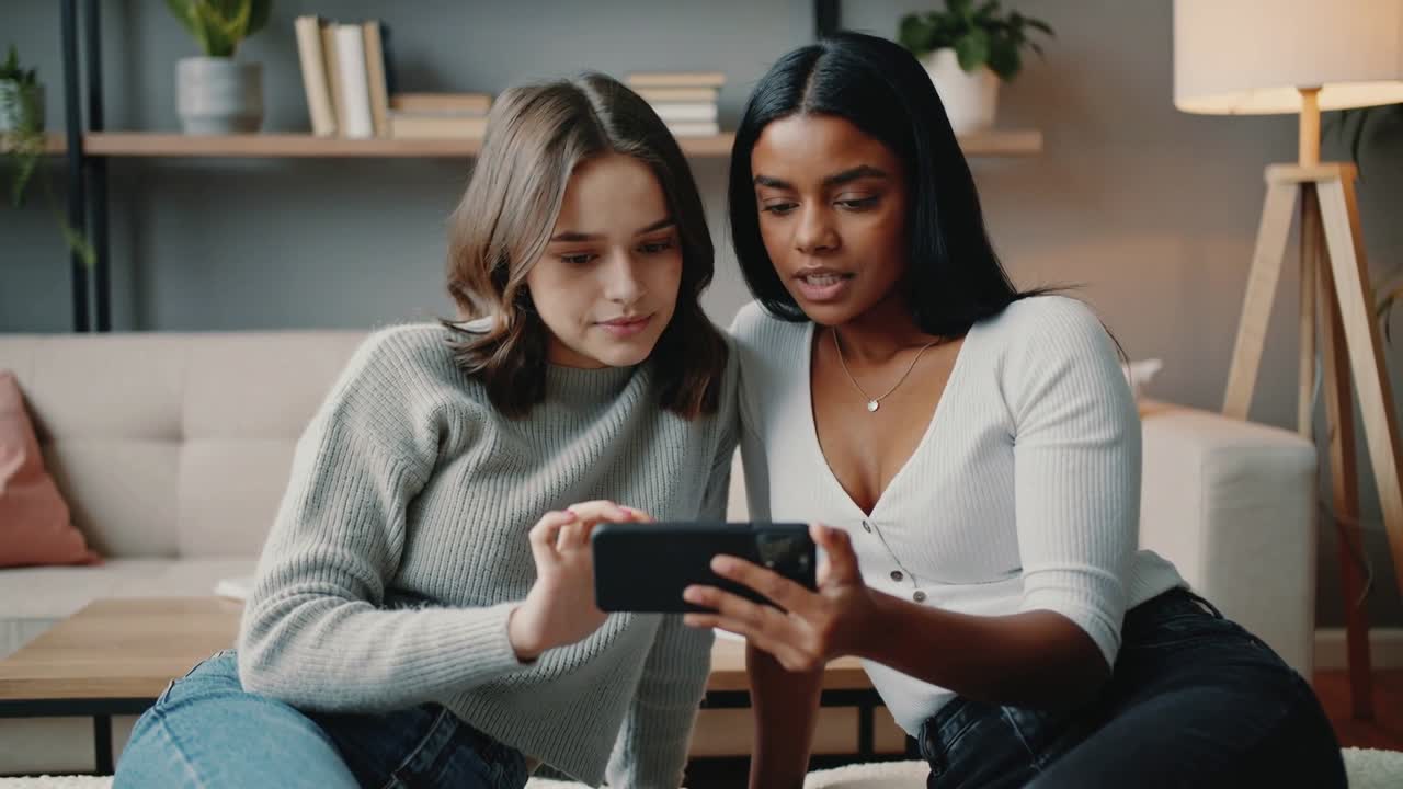 Holding smartphone right woman showing pal tapping phone on sofa viewing content wearing white top