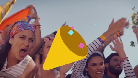 Animation-of-cone-with-confetti-flowing-over-people-dancing-and-cheering-during-music-concert