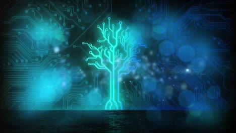 Animation of data processing on glowing computer circuit board