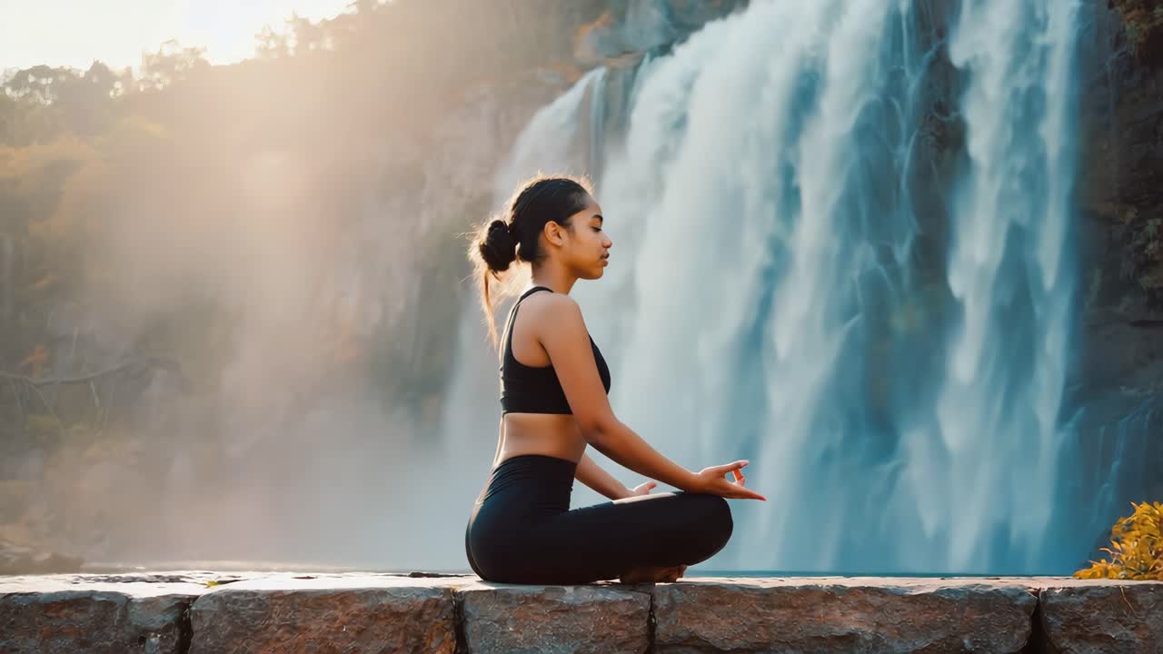 Woman Meditating in Yoga Pose by a Waterfall