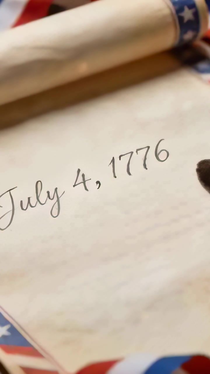 Vertical video: Tilting camera filming paper July 4 1776 on desk for July 4, with quill and scroll