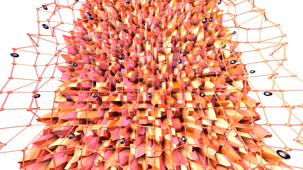 baja superficie polimétrica 3d con cuadrícula o malla voladora y esferas negras como fondo cibernético. bajo fondo polimétrico geometrico suave de polígonos rojos naranja puros.