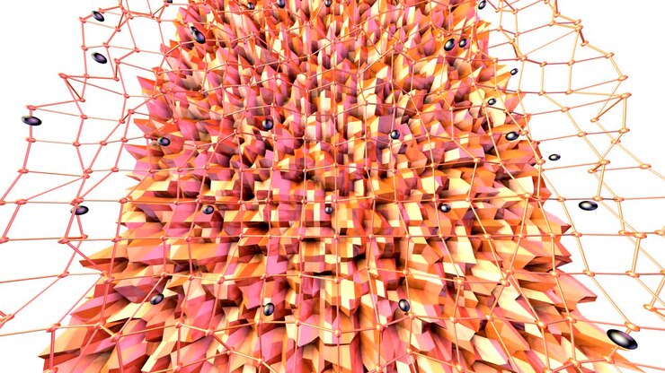 Low poly 3D surface with flying grid or mesh and black spheres as cybernetic background. Soft geometric low poly background of pure pink orange red polygons. 4K Fullhd seamless loop background